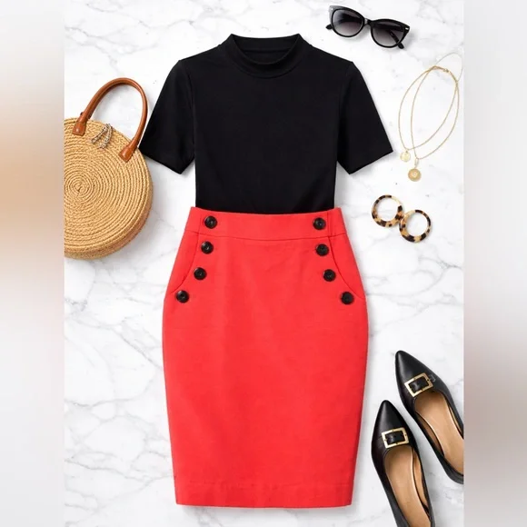 LOFT Sailor Button Pencil Skirt Coral Red Size 6 - Picture 4 of 4